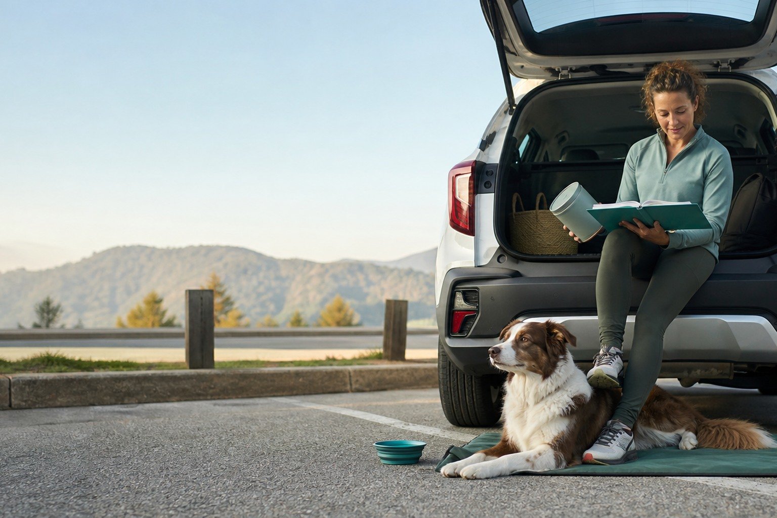 A dog rests on a travel mat beside an open vehicle while the owner checks a food container, route plan, and veterinary travel folder.