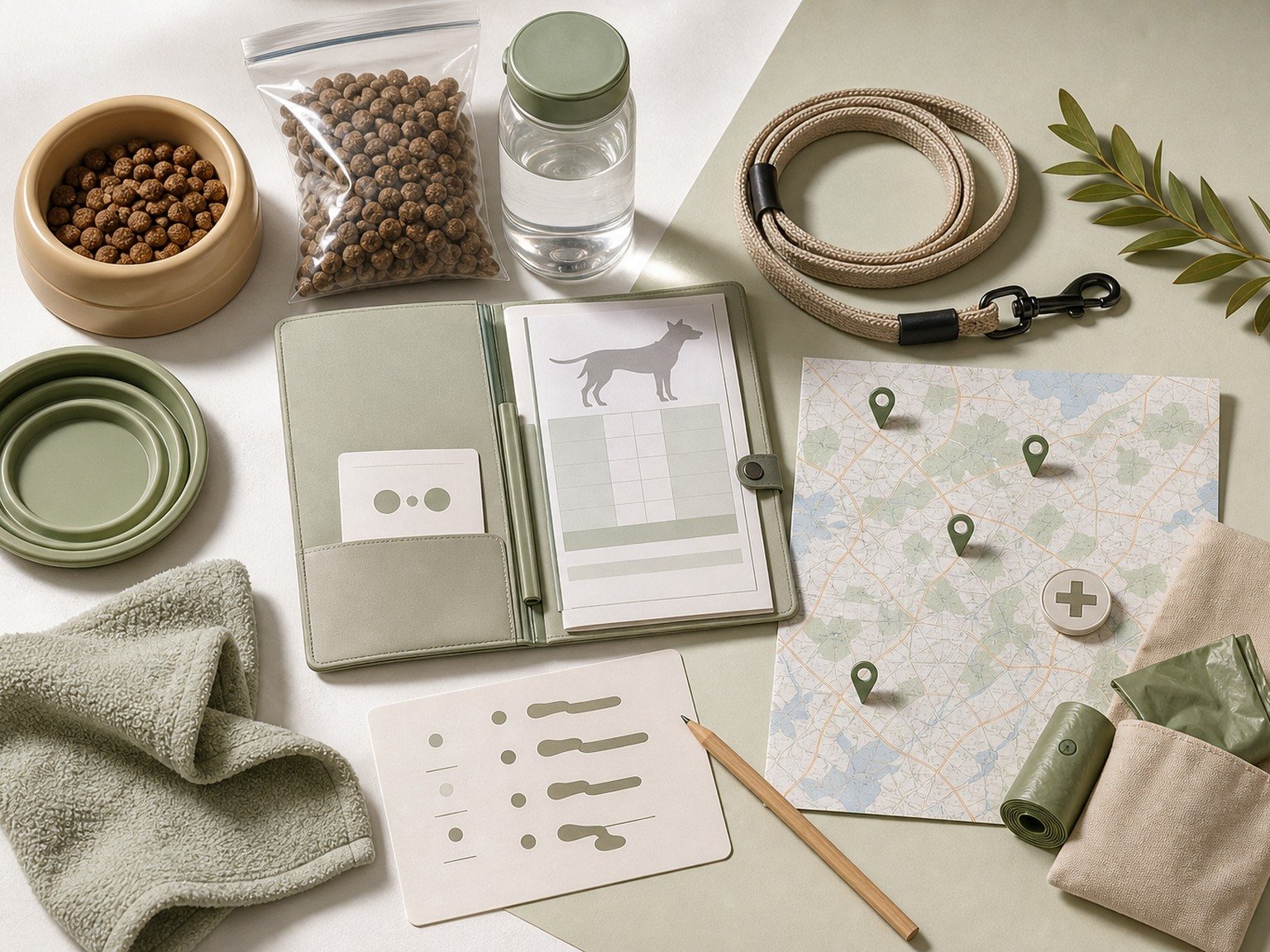 A text-free travel readiness flat lay includes familiar food, water, bowls, leash, care record, route stops, waste supplies, cleaning cloth, and emergency clinic marker.