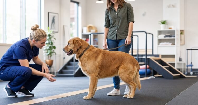 A large dog walks on a nonslip rehabilitation lane while a veterinarian observes gait and the owner holds a loose leash.