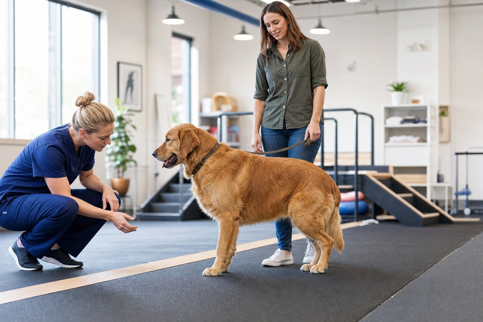 A large dog walks on a nonslip rehabilitation lane while a veterinarian observes gait and the owner holds a loose leash.