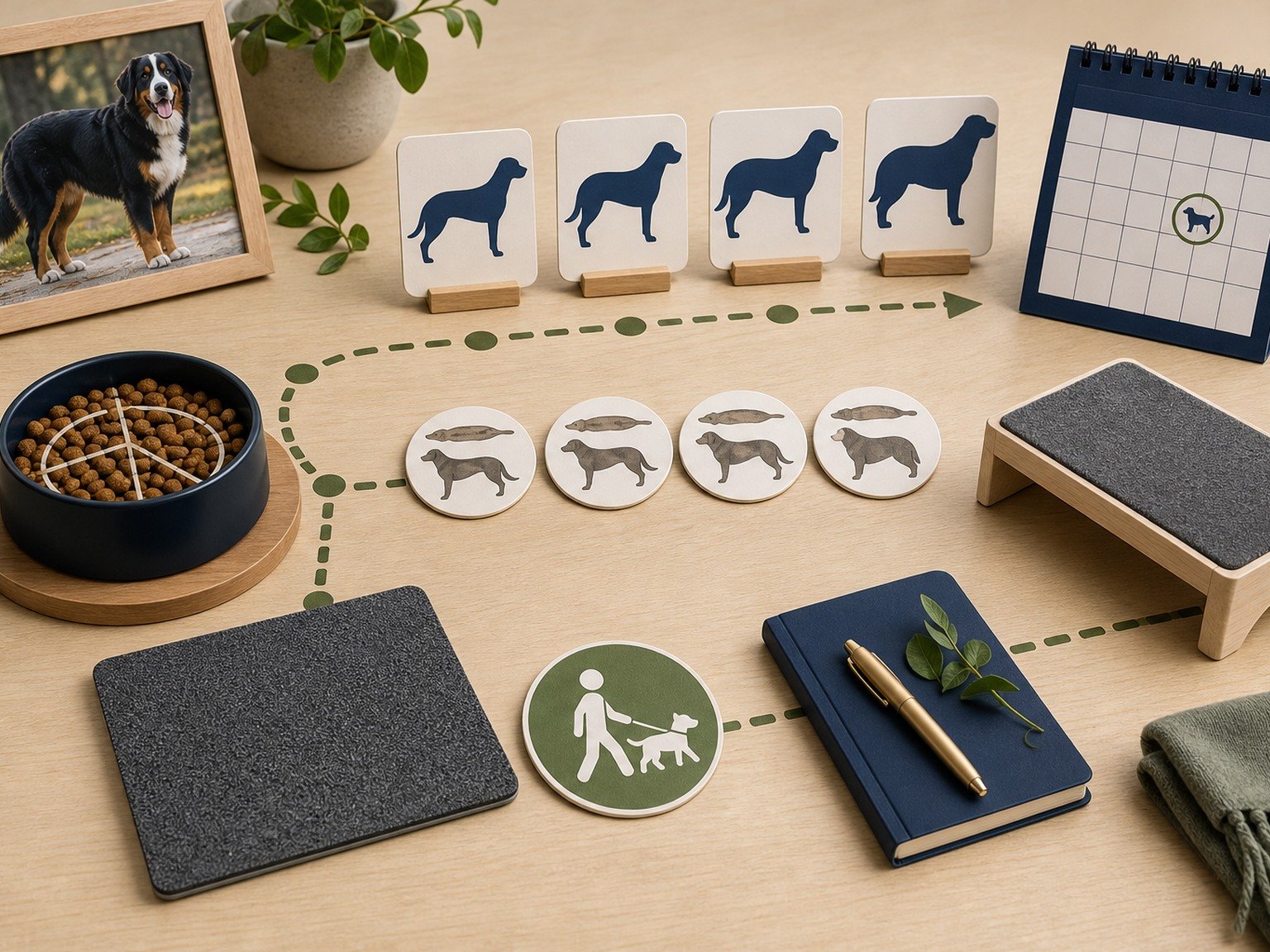 A text-free large-dog joint plan connects growth, measured complete food, body condition, nonslip flooring, low steps, walking, and veterinary review.