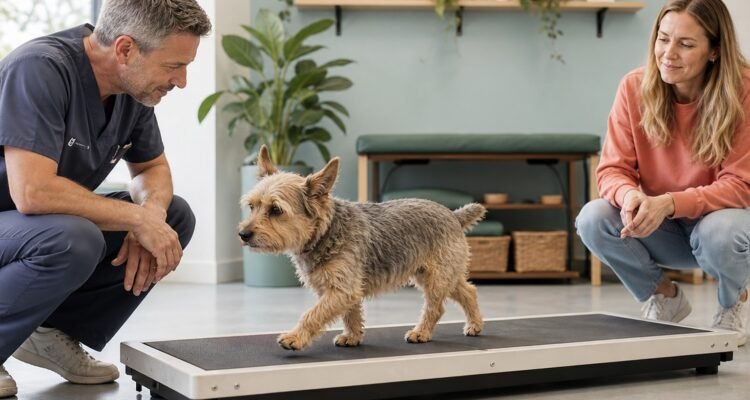 A small dog walks naturally across a low gait platform while a veterinarian and owner observe without forcing the limb.