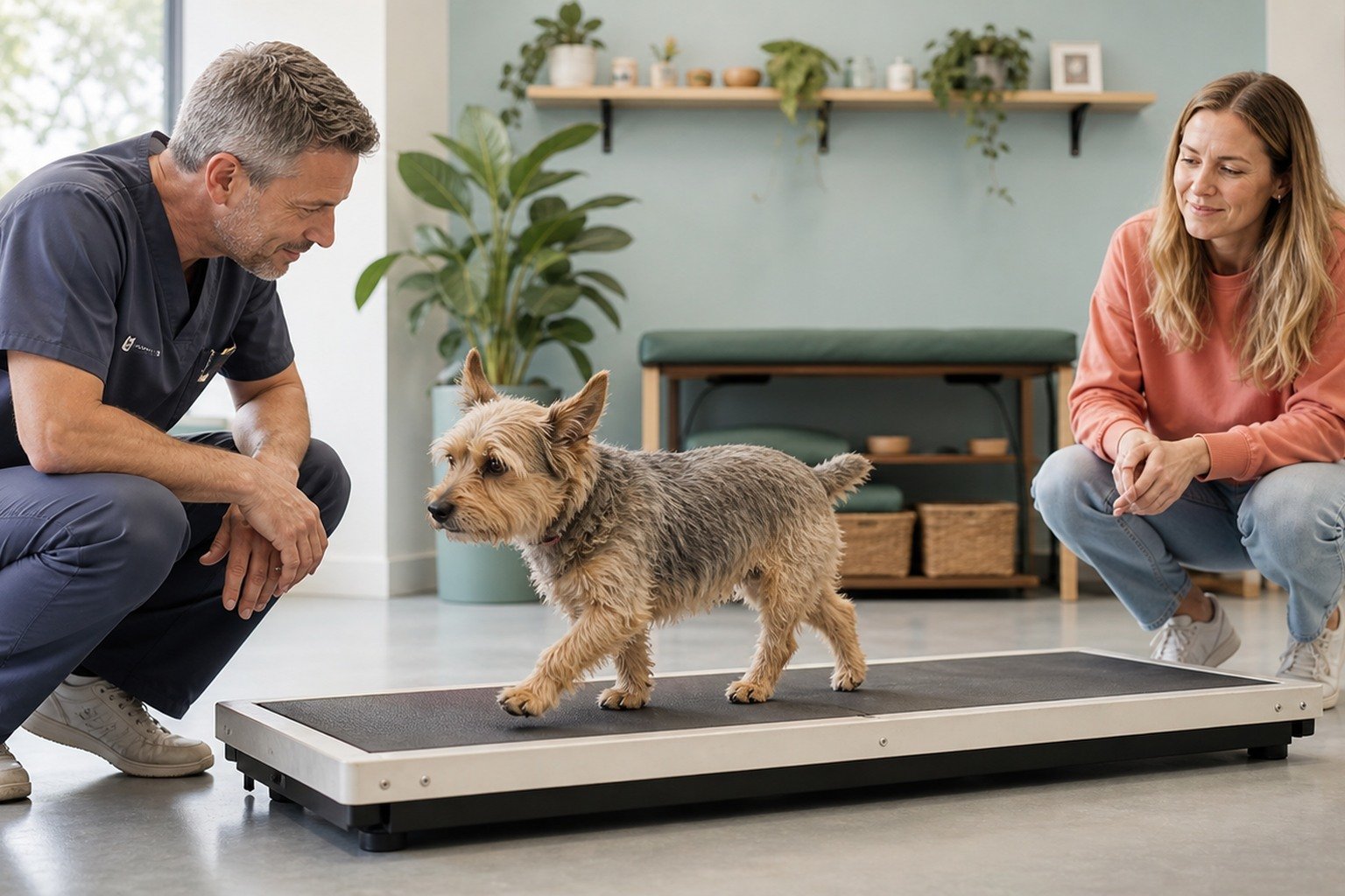 A small dog walks naturally across a low gait platform while a veterinarian and owner observe without forcing the limb.