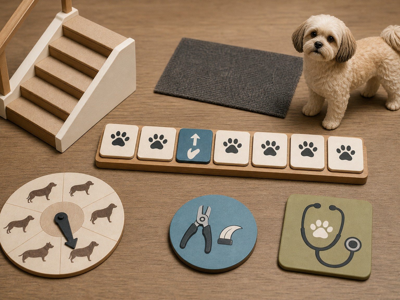 A text-free small-dog movement kit shows even paw steps, one lifted-step marker, stairs, traction, nail care, body condition, and veterinary assessment.