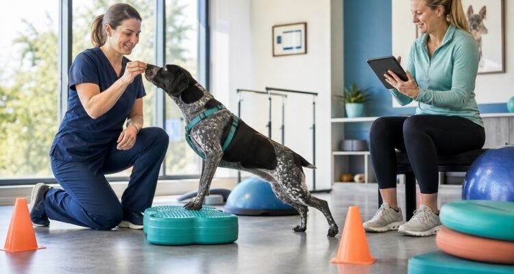 A sport dog performs a controlled balance exercise with a veterinary rehabilitation professional while the handler records observations.