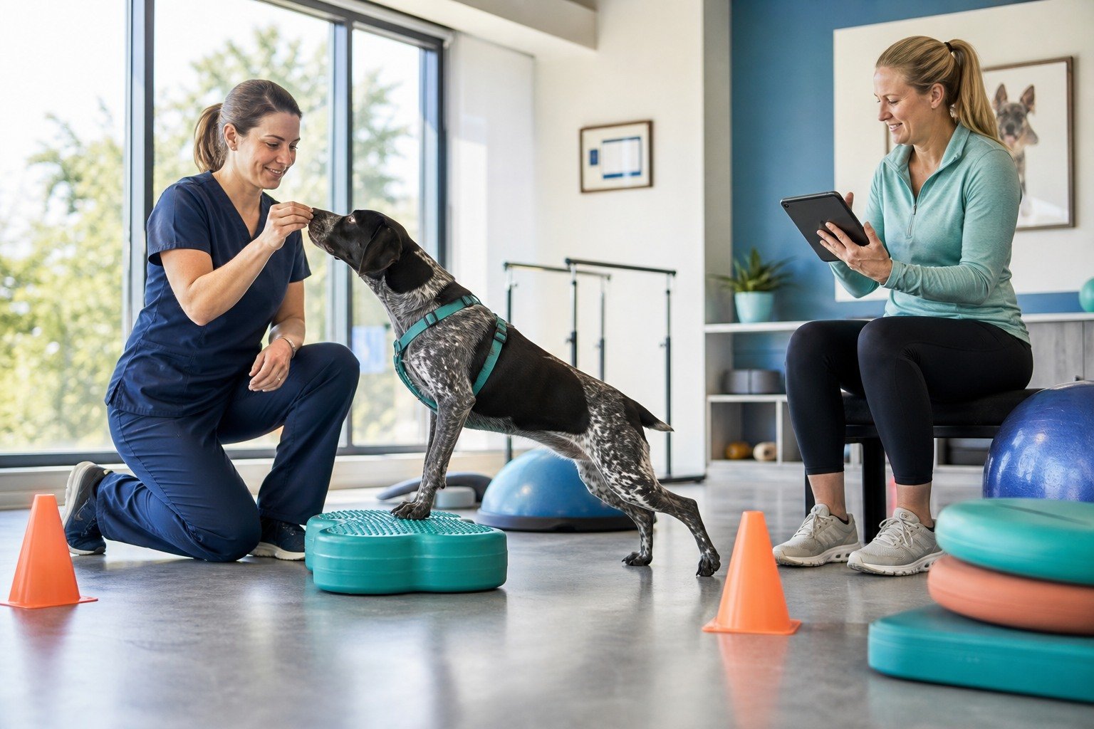 A sport dog performs a controlled balance exercise with a veterinary rehabilitation professional while the handler records observations.