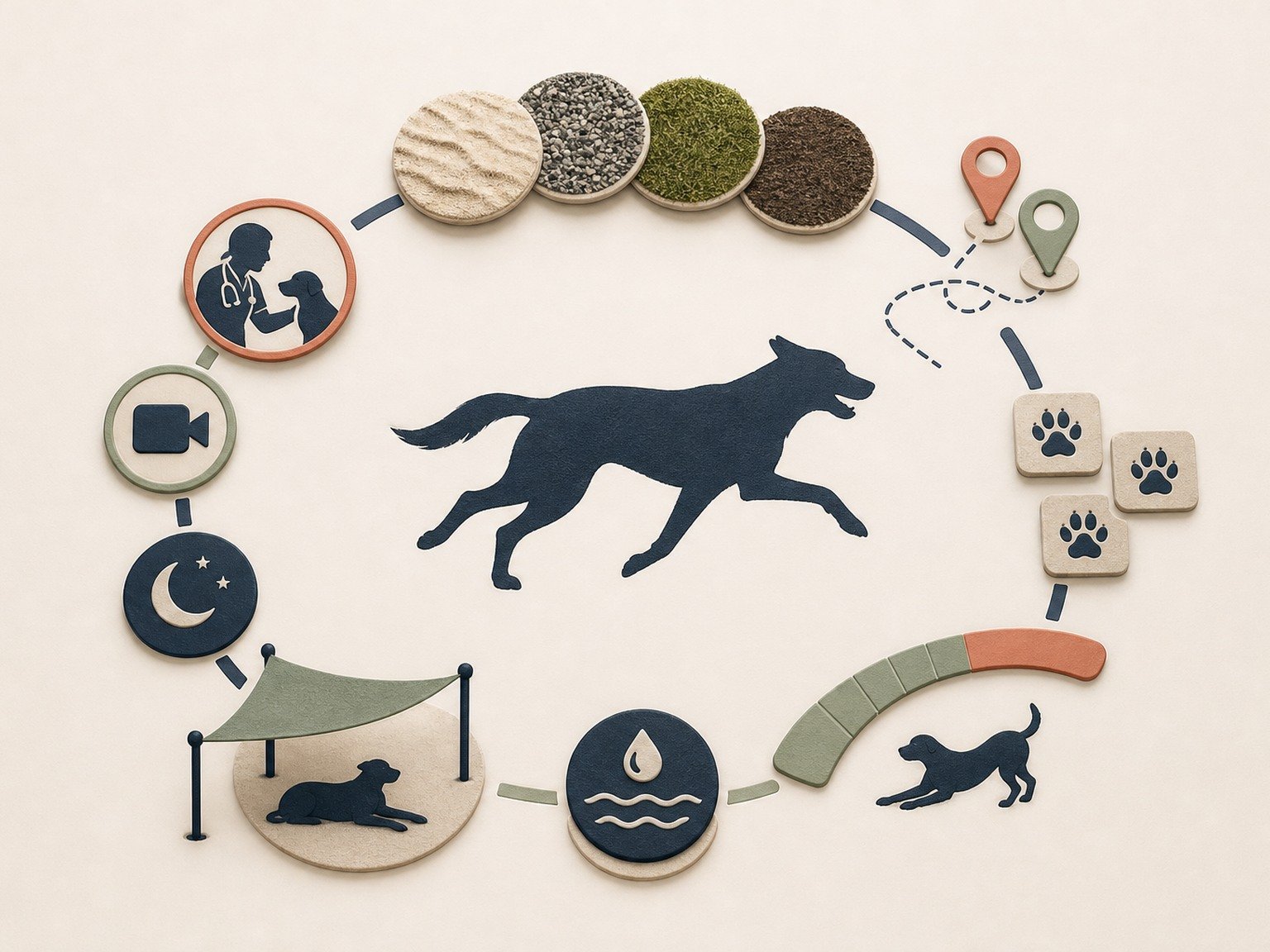 A text-free sport-dog cycle connects terrain, route, paw cadence, workload, hydration access, rest, sleep, gait video, and veterinary review.