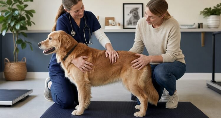 A veterinarian and owner respectfully assess a dog's ribs, waist, body condition, and mobility on a nonslip clinic mat.