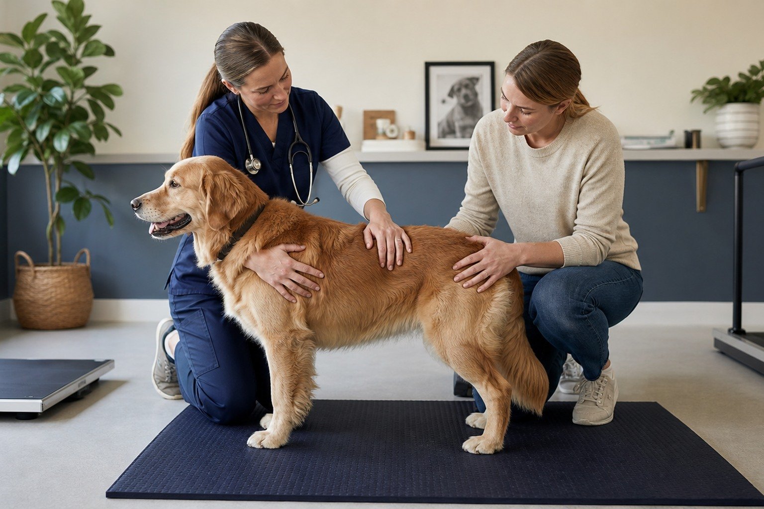 A veterinarian and owner respectfully assess a dog's ribs, waist, body condition, and mobility on a nonslip clinic mat.