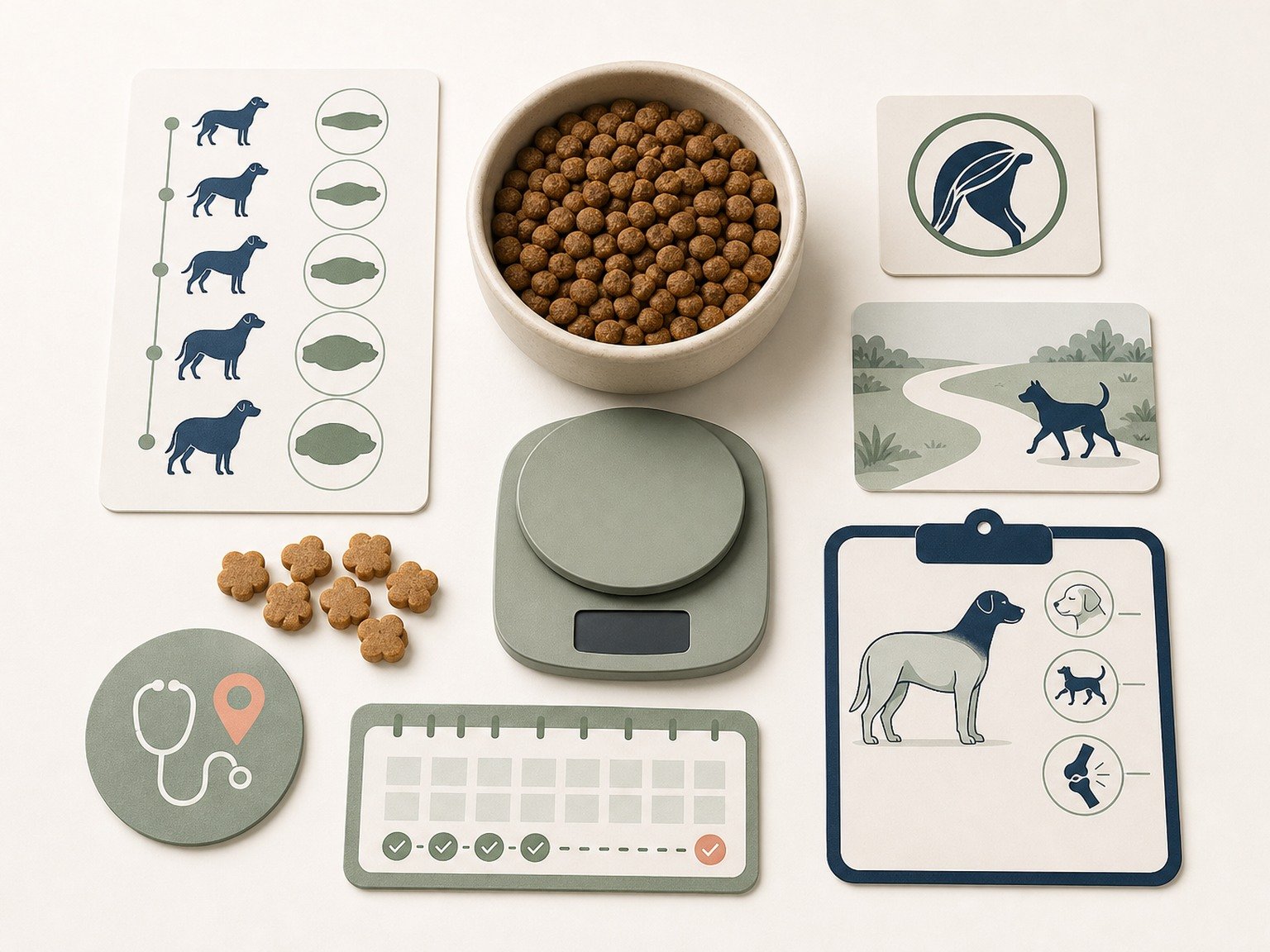 A text-free weight and joint plan includes uniform complete food, a portion scale, treat tokens, body and muscle condition, walking, comfort tracking, gradual change, and veterinary review.
