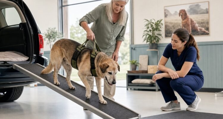 An older dog practices using a nonslip vehicle ramp while an owner supports a fitted harness and a veterinary rehabilitation professional observes.