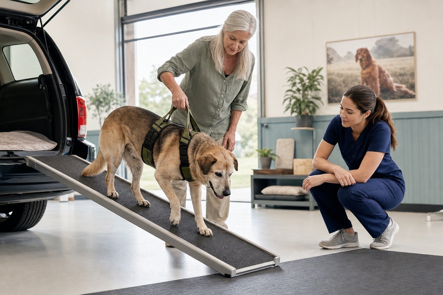 An older dog practices using a nonslip vehicle ramp while an owner supports a fitted harness and a veterinary rehabilitation professional observes.