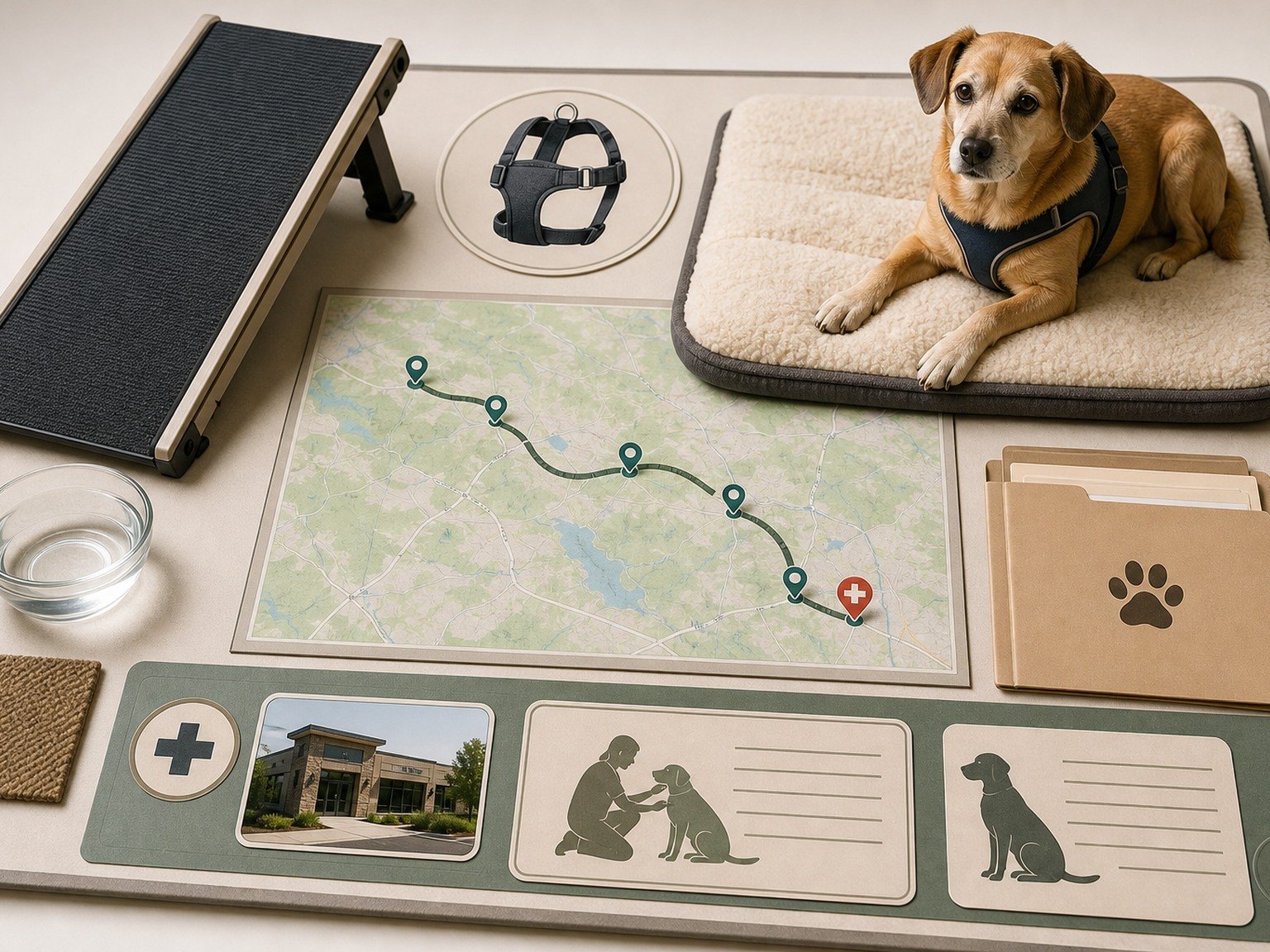 A text-free joint-condition travel plan shows a ramp, traction mat, harness, route, water, records folder, rest bed, and destination veterinary clinic.