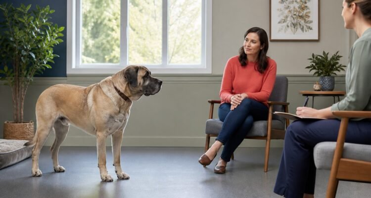 A very large dog stands at a comfortable distance during a quiet behavior consultation while the owner and veterinary professional observe calmly.