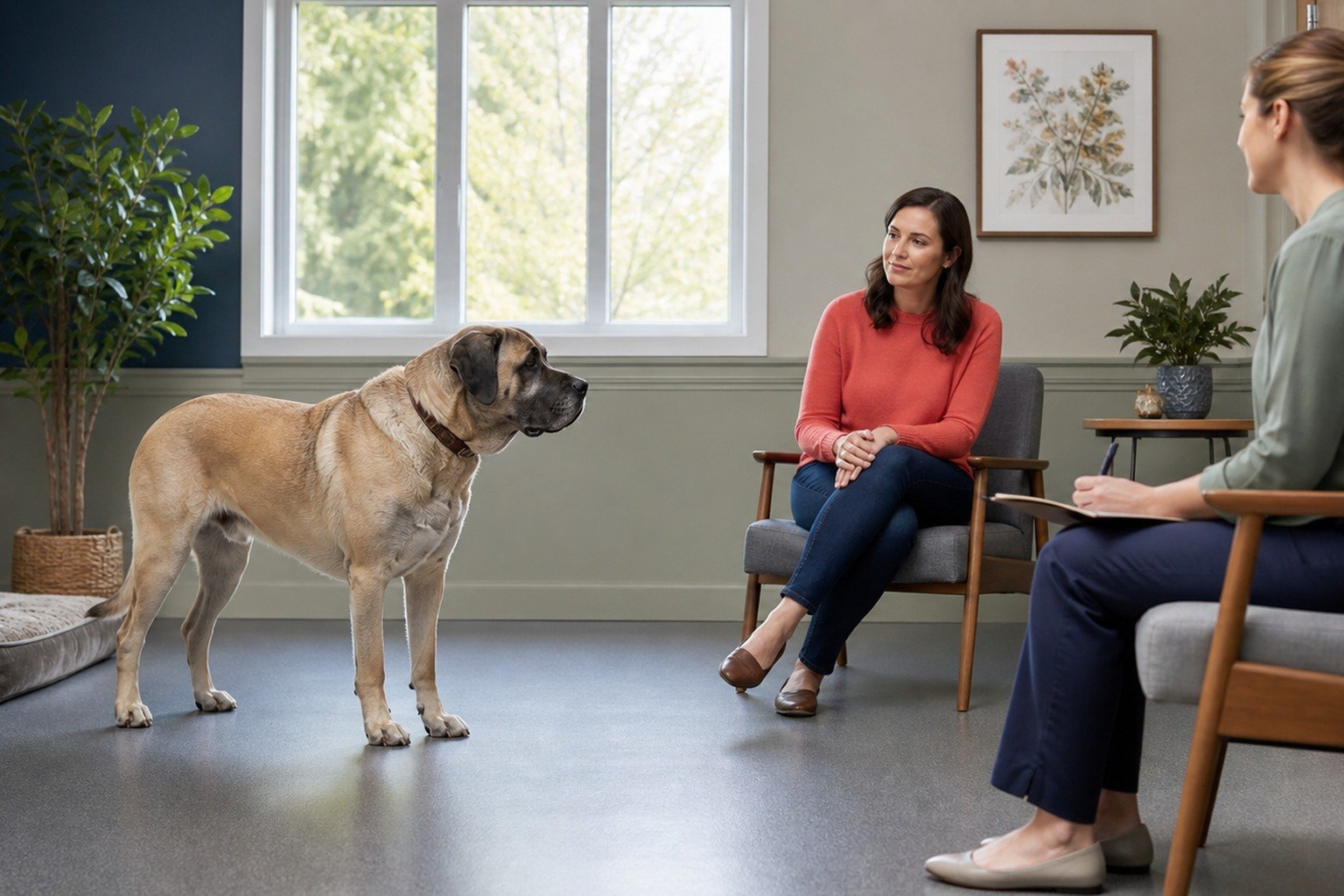 A very large dog stands at a comfortable distance during a quiet behavior consultation while the owner and veterinary professional observe calmly.