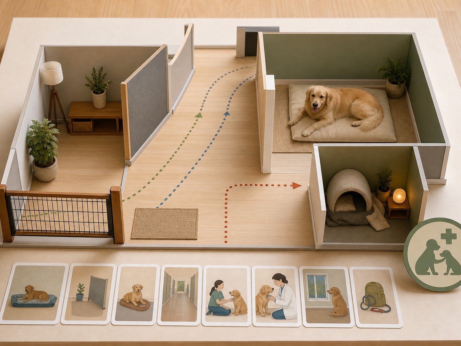 A text-free large-dog environment plan shows retreat space, barriers, distance, a quiet route, routine cards, cooperative care, and veterinary assessment.