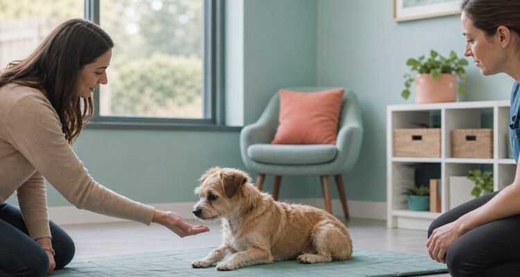 A small dog rests voluntarily on a mat during a calm behavior consultation while the owner offers choice and a veterinary professional observes.