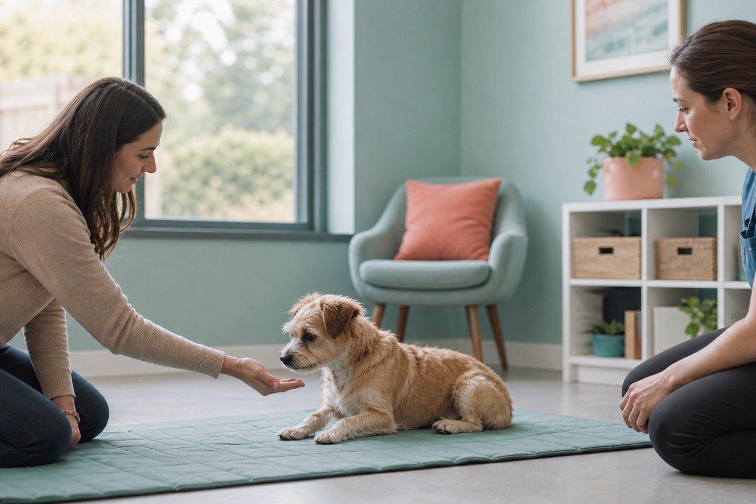 A small dog rests voluntarily on a mat during a calm behavior consultation while the owner offers choice and a veterinary professional observes.
