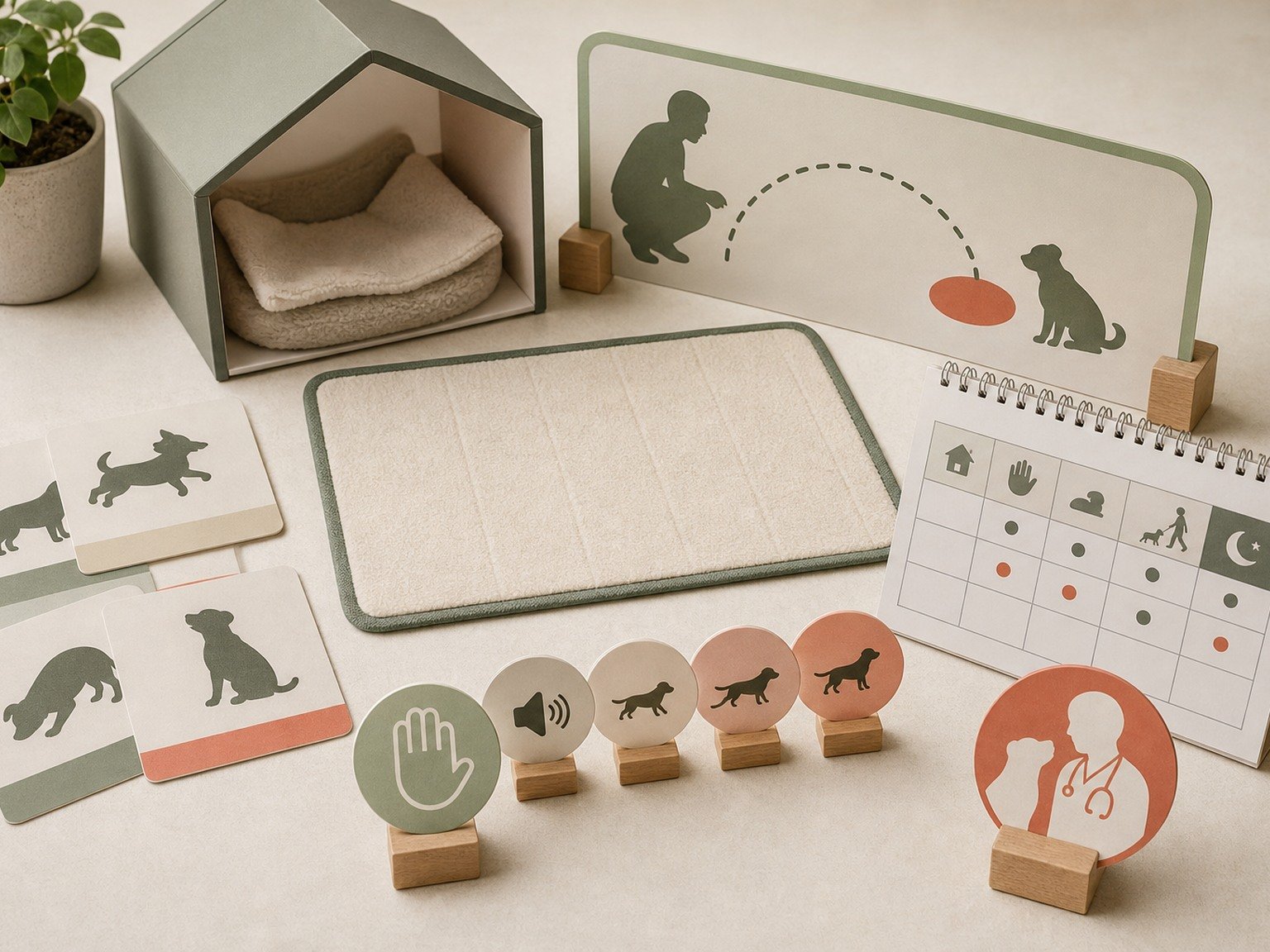 A text-free small-dog behavior observation kit shows a retreat, mat, approach arc, body-language cards, sound distance, routine, choice, and veterinary review.
