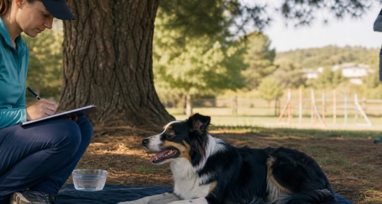 A fit sport dog decompresses on a shaded mat after training while the handler records recovery and a veterinary professional observes.