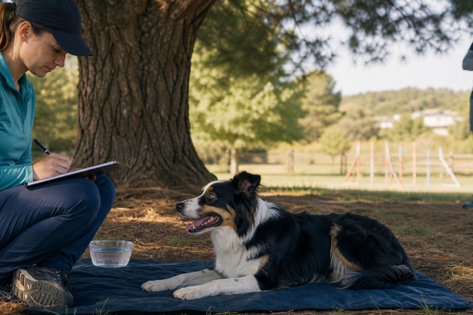 A fit sport dog decompresses on a shaded mat after training while the handler records recovery and a veterinary professional observes.