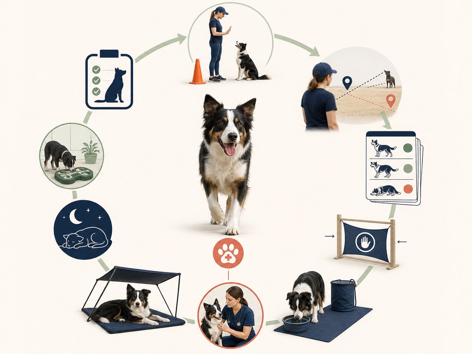 A text-free sport-dog recovery cycle shows training, trigger distance, body language, a pause gate, water, shade, sleep, enrichment, next-day review, and veterinary assessment.