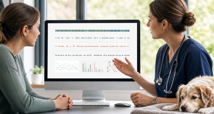 A veterinarian and owner review parallel stool, appetite, routine, and behavior timelines while the dog rests comfortably beside them.