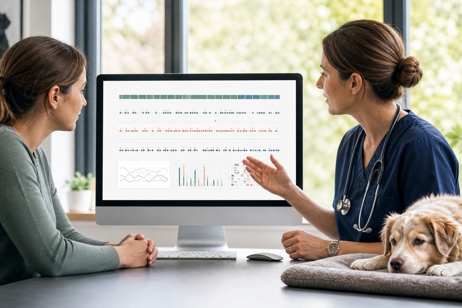 A veterinarian and owner review parallel stool, appetite, routine, and behavior timelines while the dog rests comfortably beside them.