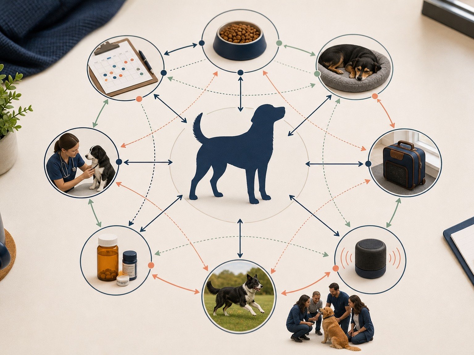 A text-free observation map connects meals, stool, sleep, travel, sound, social context, activity, medication, and veterinary assessment around a dog silhouette.