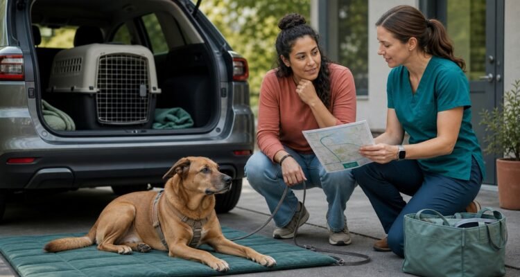 An anxious dog rests voluntarily on a familiar mat beside a parked vehicle while the owner and veterinary professional review a route and care plan.