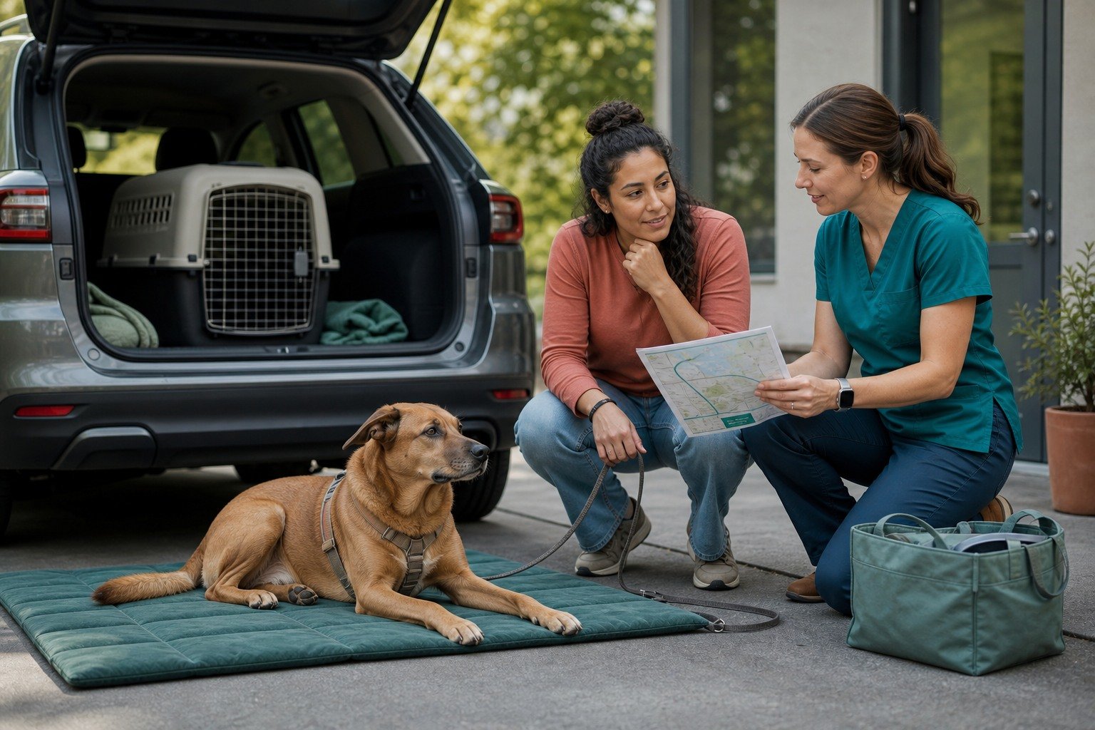 An anxious dog rests voluntarily on a familiar mat beside a parked vehicle while the owner and veterinary professional review a route and care plan.