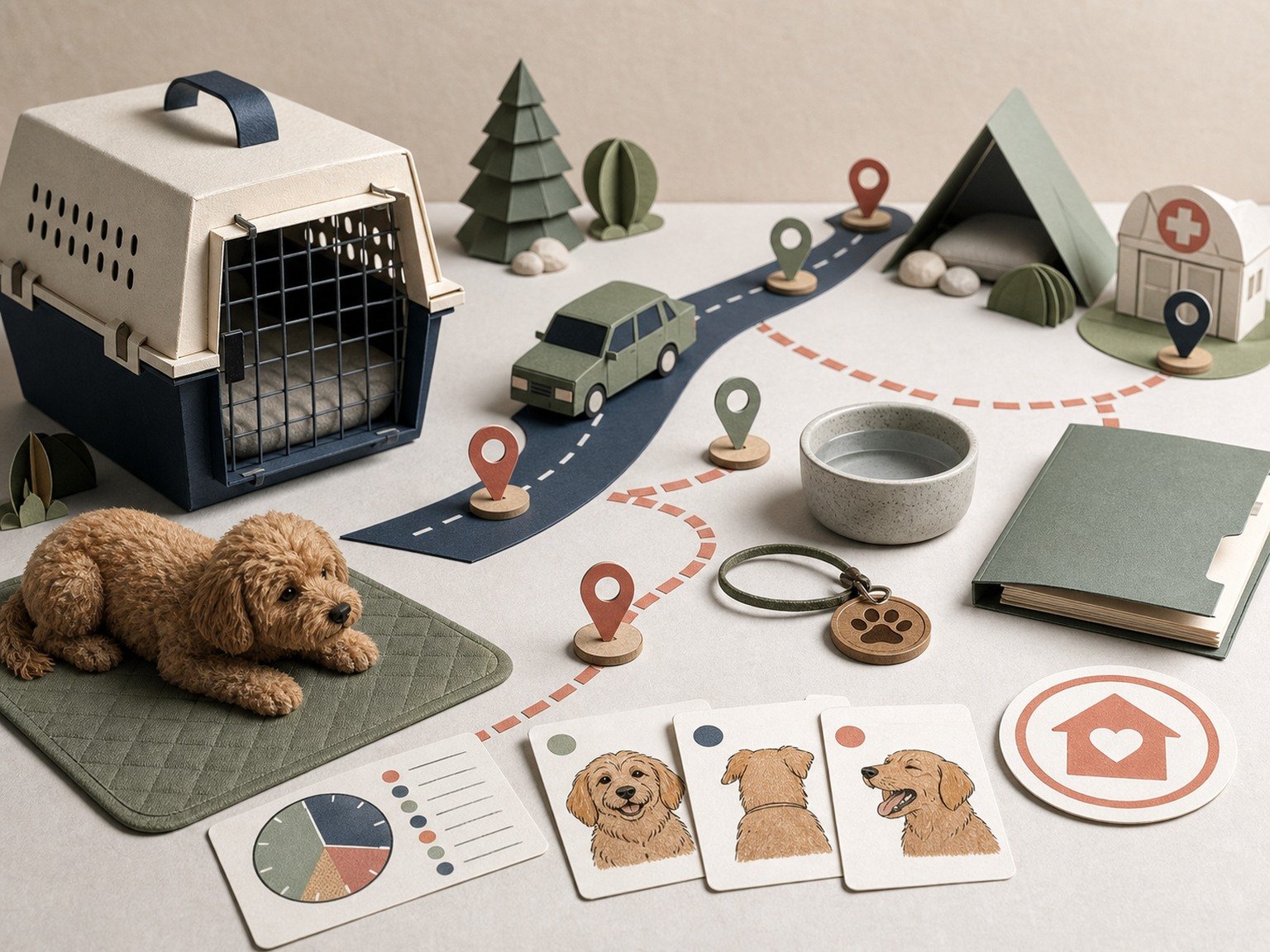 A text-free anxious-dog travel system shows a familiar mat, secure crate, practice route, quiet stops, water, ID, records, body-language cards, retreat, and destination clinic.