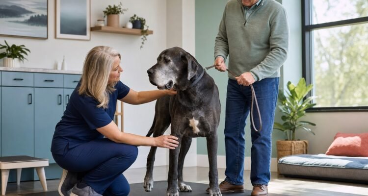 A very large gray-muzzled senior dog stands on a nonslip mat while a veterinarian assesses gait and muscle condition and the owner holds a relaxed leash.