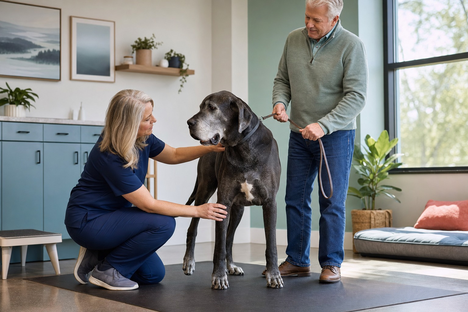 A very large gray-muzzled senior dog stands on a nonslip mat while a veterinarian assesses gait and muscle condition and the owner holds a relaxed leash.
