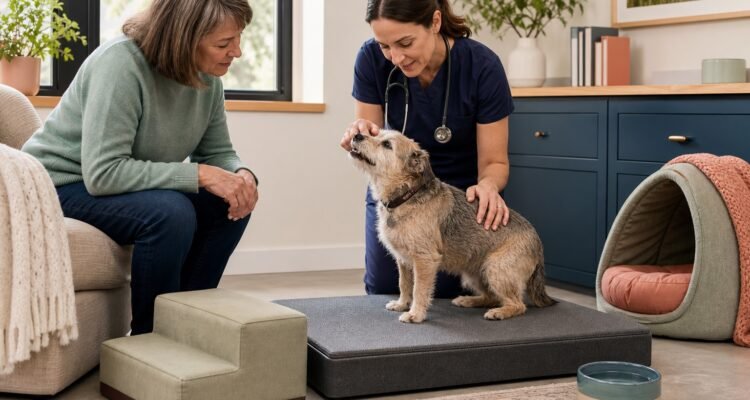 A small gray-muzzled senior dog stands voluntarily on a low nonslip exam mat while the veterinarian and owner assess posture and dental comfort.