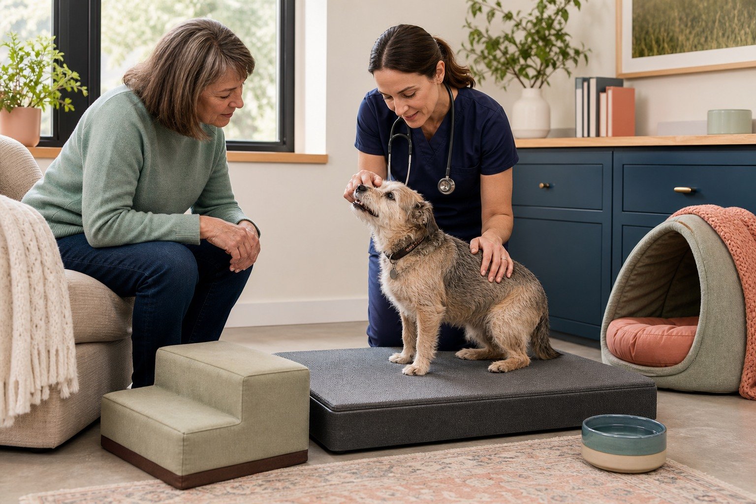 A small gray-muzzled senior dog stands voluntarily on a low nonslip exam mat while the veterinarian and owner assess posture and dental comfort.