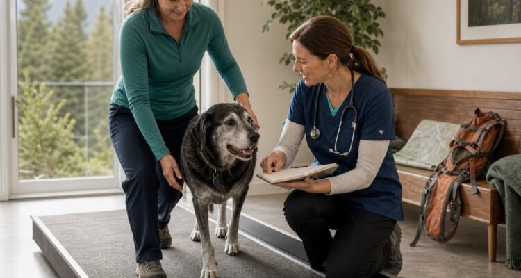 A gray-muzzled former hiking dog walks calmly on a nonslip rehabilitation lane while the owner and veterinarian discuss a function log.