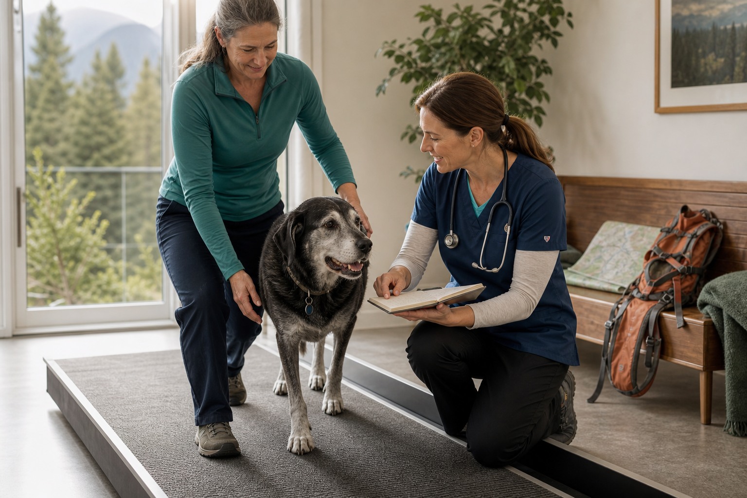 A gray-muzzled former hiking dog walks calmly on a nonslip rehabilitation lane while the owner and veterinarian discuss a function log.