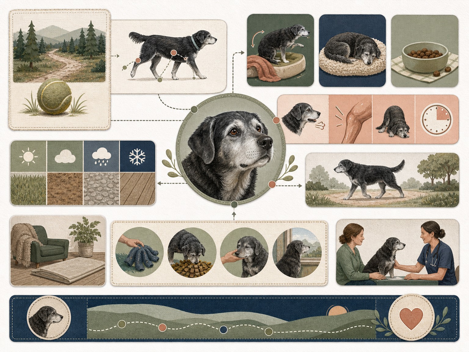 A text-free transition map connects former activity, gait, rising, pain clues, breathing, sleep, appetite, recovery, surfaces, enrichment, traction, and veterinary reassessment.