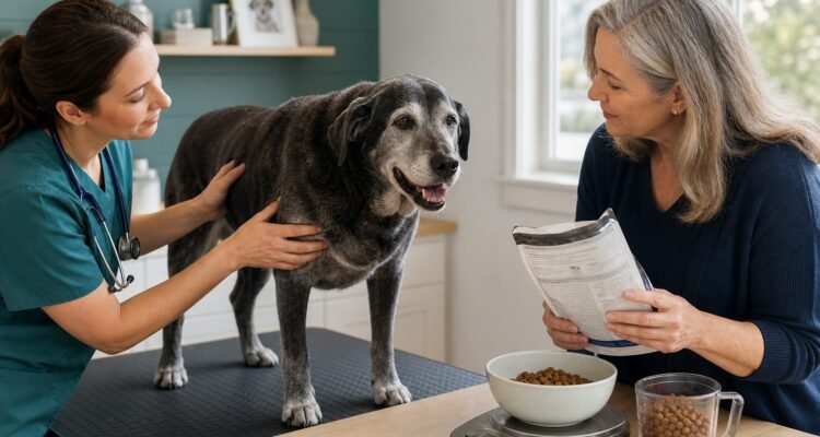 A veterinarian and owner assess a gray-muzzled senior dog's body and muscle condition while reviewing the current complete-food label and measured portion.