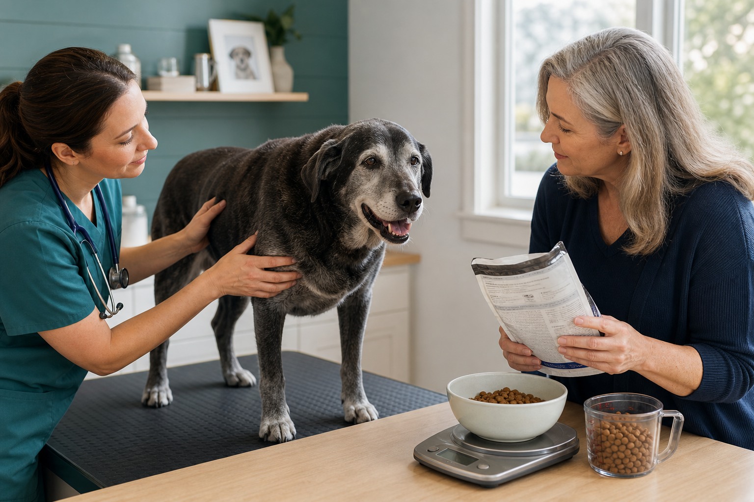 A veterinarian and owner assess a gray-muzzled senior dog's body and muscle condition while reviewing the current complete-food label and measured portion.