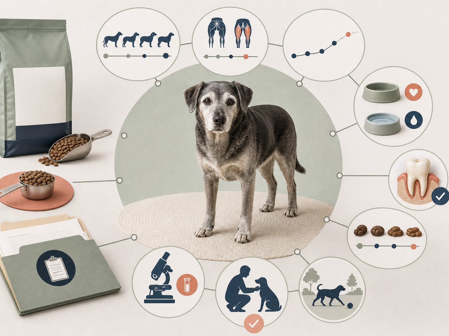 A text-free senior nutrition assessment map connects a complete diet, measured portion, body and muscle condition, weight trend, appetite, water, dental comfort, stool, medications, activity, laboratory review, and recheck.