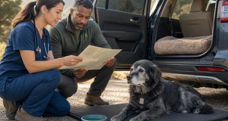 A gray-muzzled senior dog rests on a nonslip mat beside a parked vehicle while the owner and veterinarian review a travel plan.