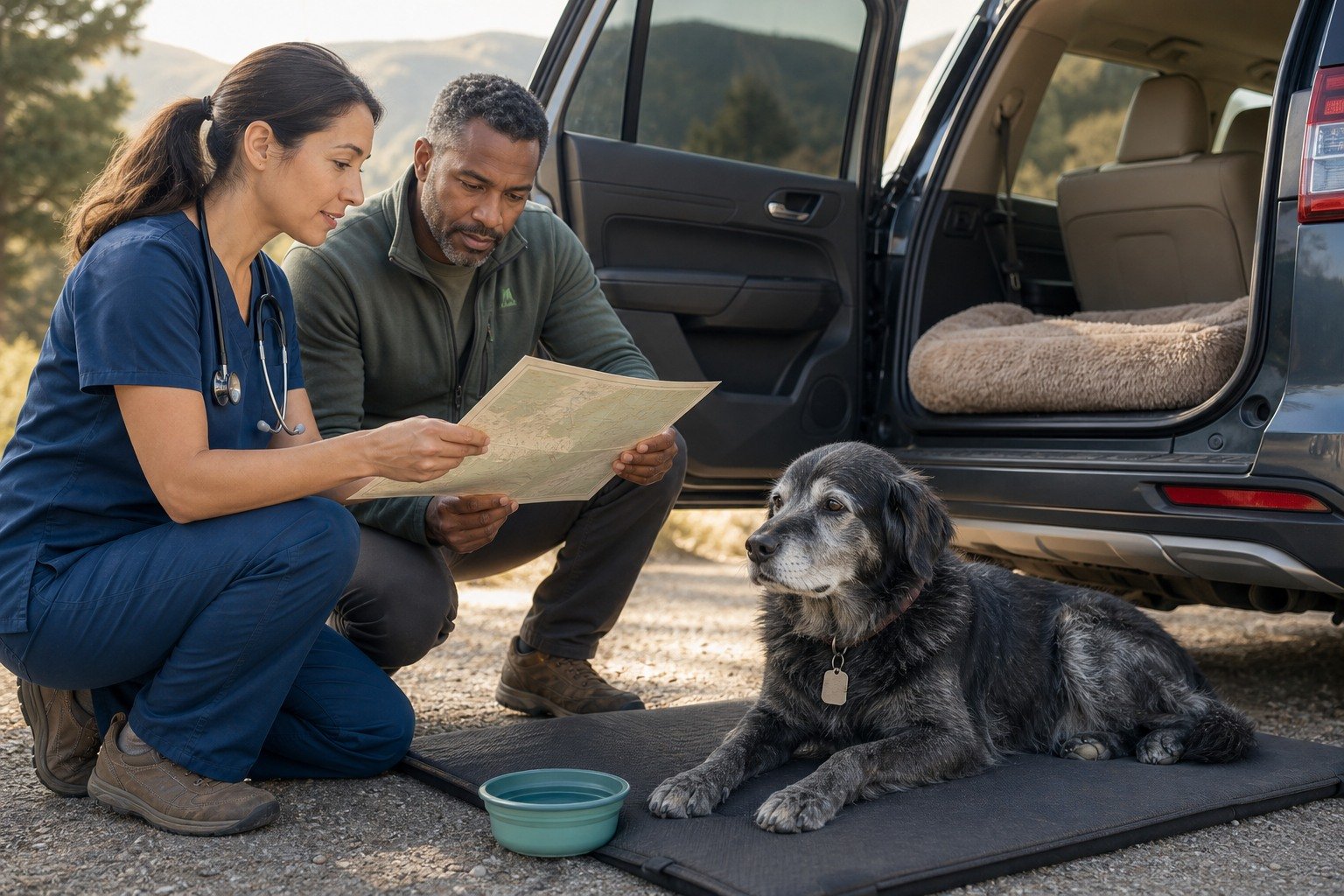 A gray-muzzled senior dog rests on a nonslip mat beside a parked vehicle while the owner and veterinarian review a travel plan.