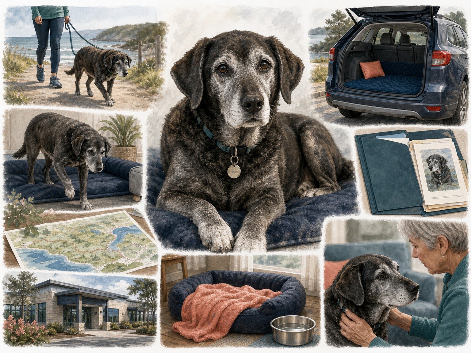 A text-free senior-dog travel map shows walking baseline, stable vehicle access, records, destination, rest, water, local clinic, and recovery observation.