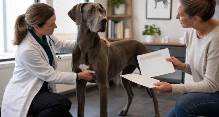A veterinarian assesses a large dog's body and muscle condition while the owner shares a complete diet record.
