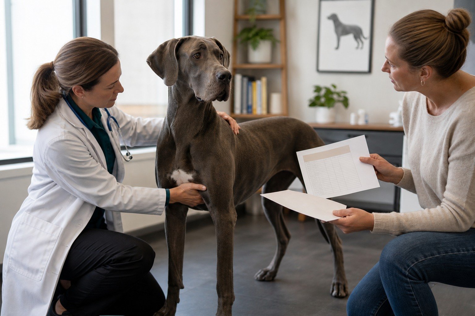 A veterinarian assesses a large dog's body and muscle condition while the owner shares a complete diet record.