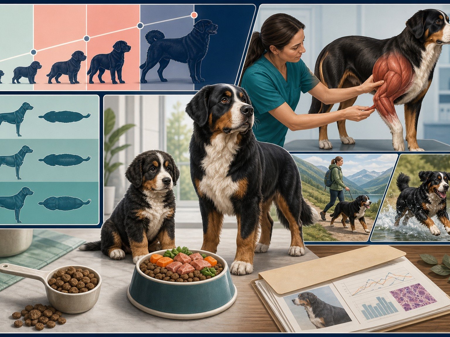 A text-free large-breed nutrition map shows puppy growth, adult condition, complete meals, movement, evidence records, and veterinary reassessment.
