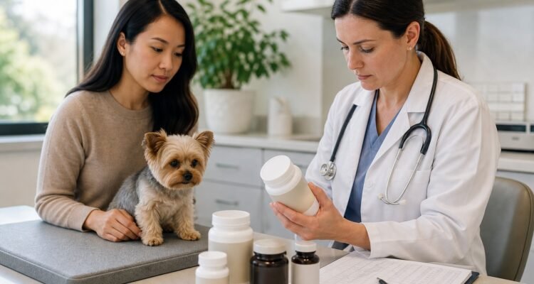 A veterinarian reviews closed household containers and a complete diet record beside a calm small dog and owner.