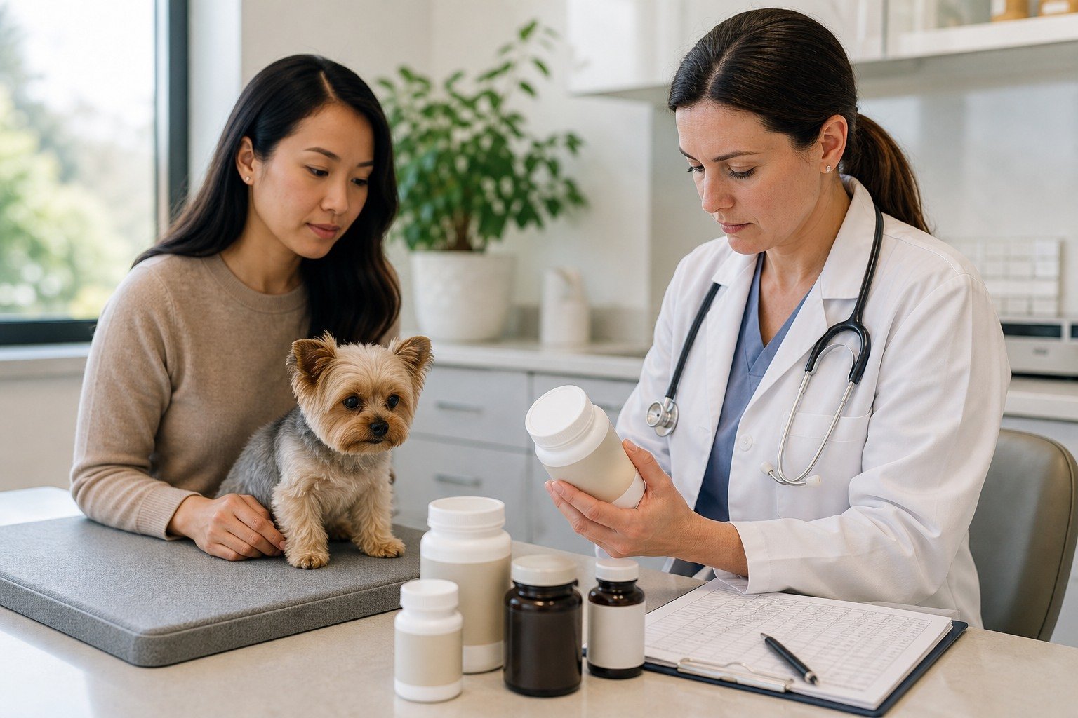 A veterinarian reviews closed household containers and a complete diet record beside a calm small dog and owner.